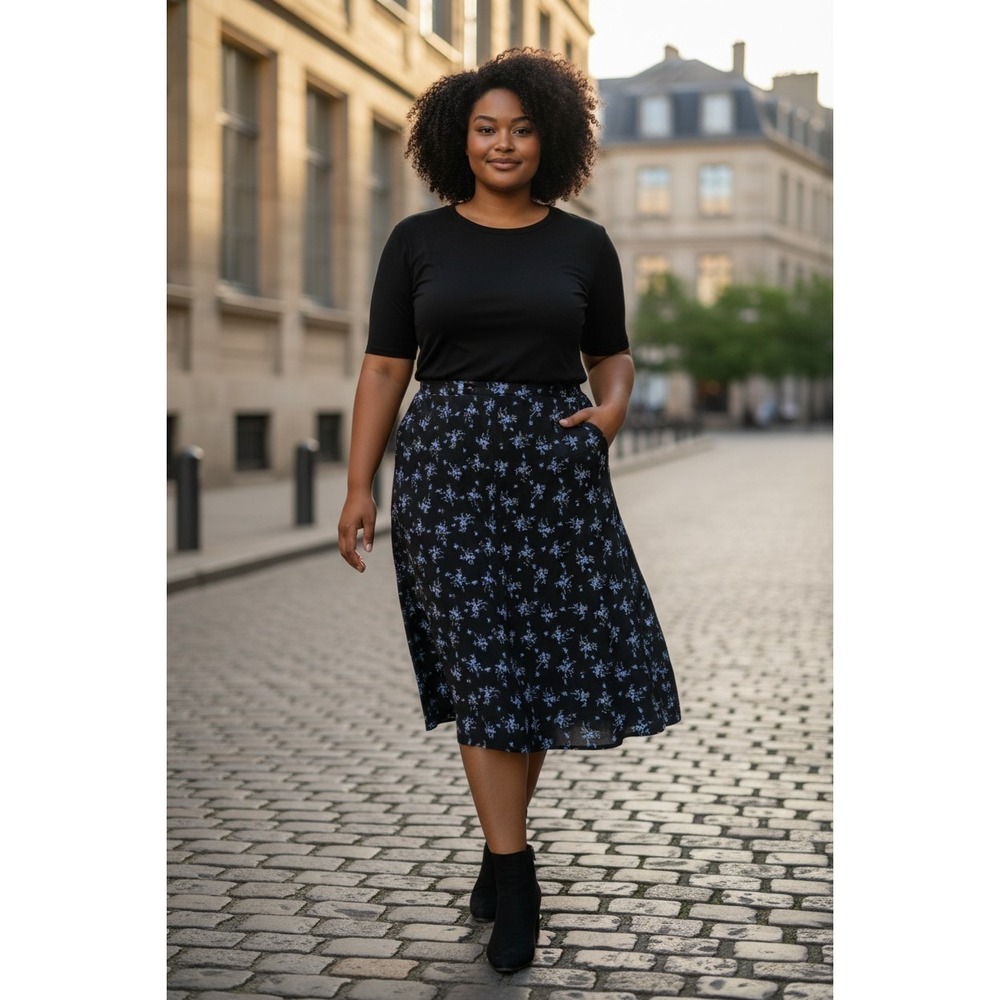 Wild Fable Black With Blue Floral Print A-Line Midi Skirt XXL NWT